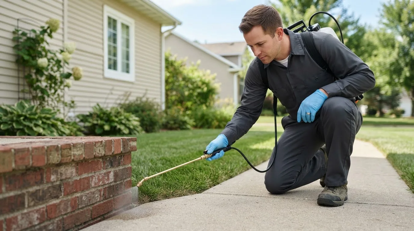 Pest control technician treating a home near Elm Mott, TX